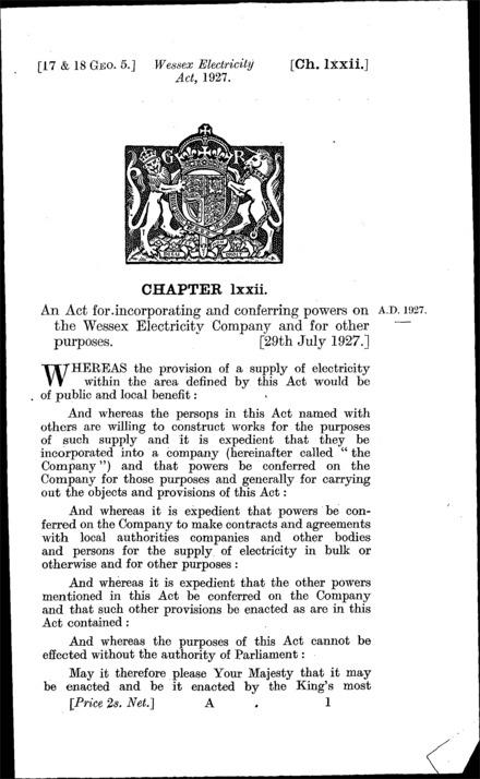 Wessex Electricity Act 1927