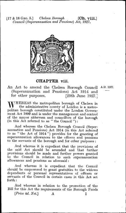 Chelsea Borough Council (Superannuation and Pensions) Act 1927