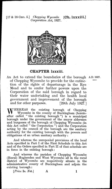 Chepping Wycombe Corporation Act 1927