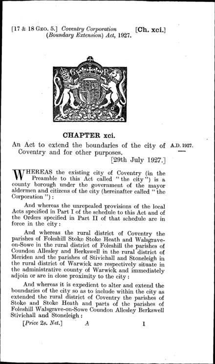 Coventry Corporation (Boundary Extension) Act 1927