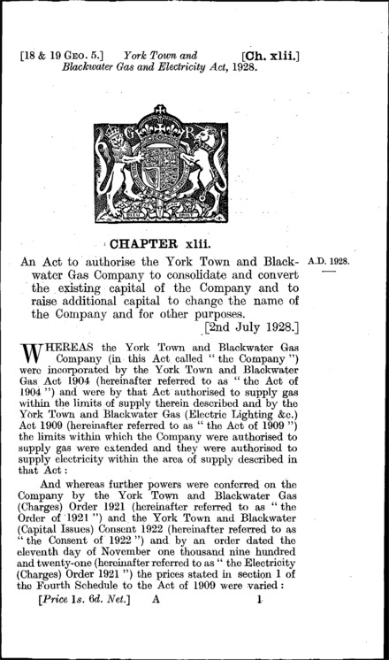 York Town and Blackwater Gas and Electricity Act 1928