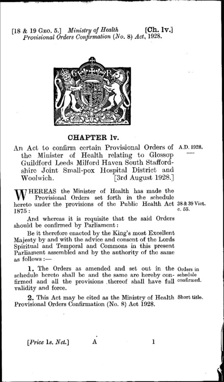 Ministry of Health Provisional Orders Confirmation (No. 8) Act 1928