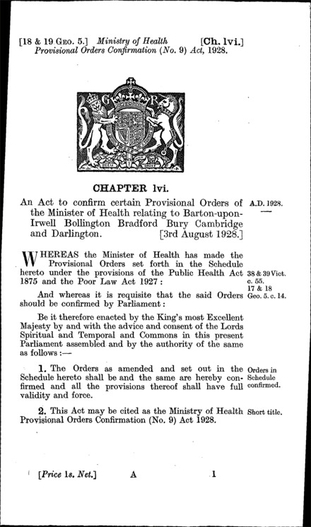 Ministry of Health Provisional Orders Confirmation (No. 9) Act 1928