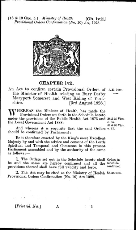 Ministry of Health Provisional Orders Confirmation (No. 10) Act 1928