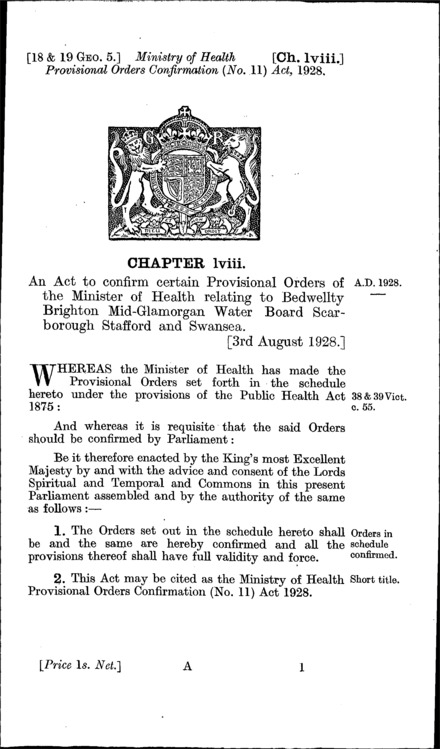 Ministry of Health Provisional Orders Confirmation (No. 11) Act 1928