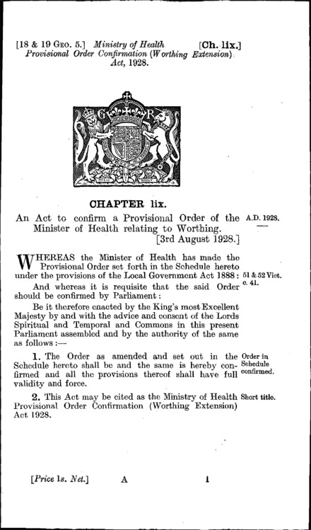 Ministry of Health Provisional Order Confirmation (Worthing Extension) Act 1928