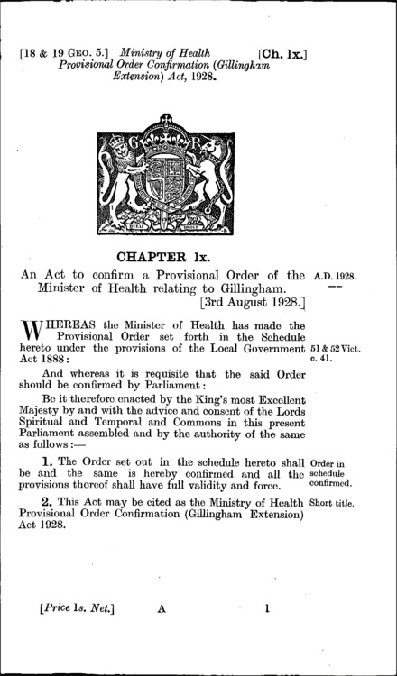 Ministry of Health Provisional Order Confirmation (Gillingham Extension) Act 1928