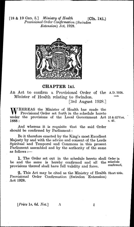 Ministry of Health Provisional Order Confirmation (Swindon Extension) Act 1928