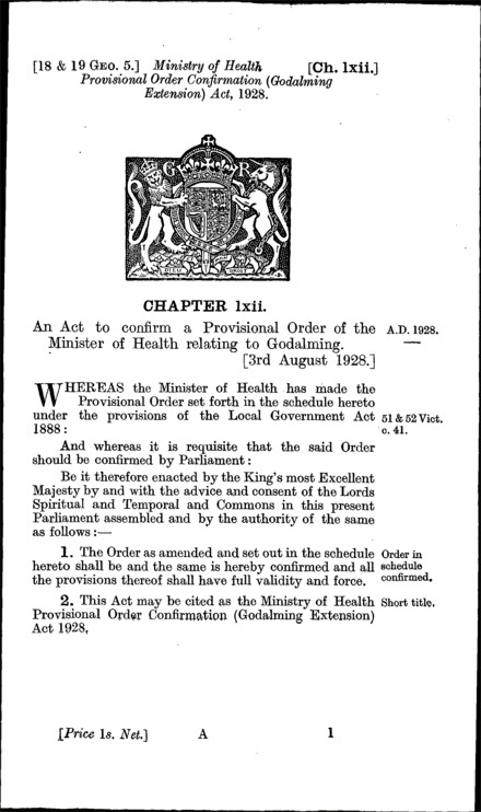 Ministry of Health Provisional Order Confirmation (Godalming Extension) Act 1928