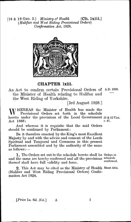 Ministry of Health (Halifax and West Riding Provisional Orders) Confirmation Act 1928