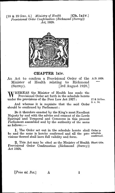 Ministry of Health Provisional Order Confirmation (Richmond (Surrey)) Act 1928