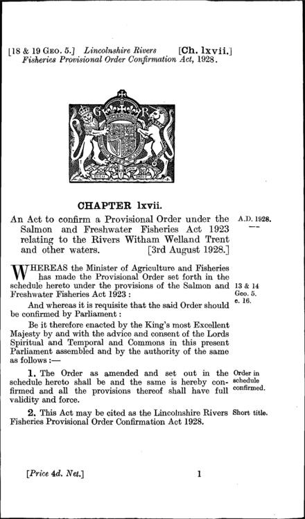 Lincolnshire Rivers Fisheries Provisional Order Confirmation Act 1928