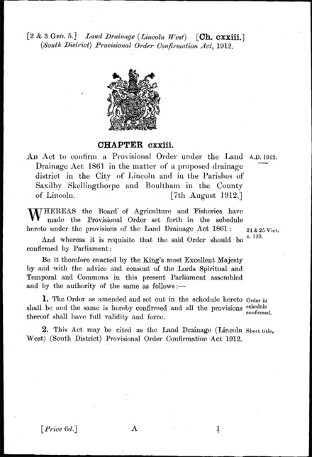 Land Drainage (Lincoln West) (South District) Provisional Order Confirmation Act 1912