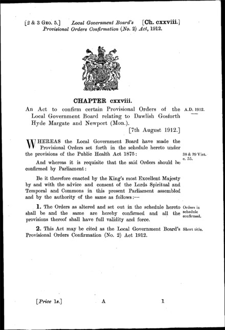 Local Government Board's Provisional Orders Confimration (No. 2) Act 1912