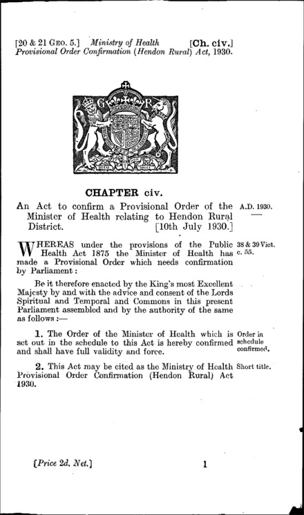 Ministry of Health Provisional Order Confirmation (Hendon Rural) Act 1930