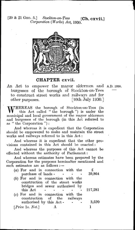 Stockton-on-Tees Corporation (Works) Act 1930