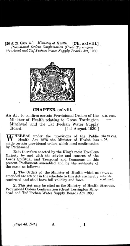 Ministry of Health Provisional Orders Confirmation (Great Torrington, Minehead and Taf Fechan Water Supply Board) Act 1930