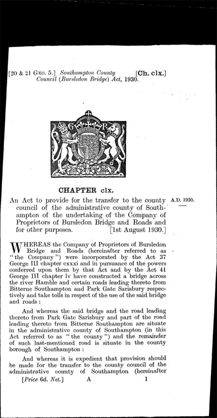 Southampton County Council (Bursledon Bridge) Act 1930
