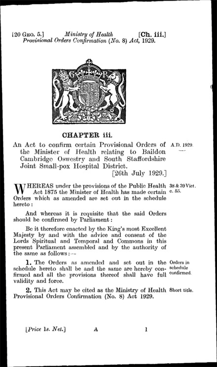 Ministry of Health Provisional Orders Confirmation (No. 8) Act 1929