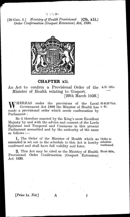 Ministry of Health Provisional Order Confirmation (Gosport Extension) Act 1930
