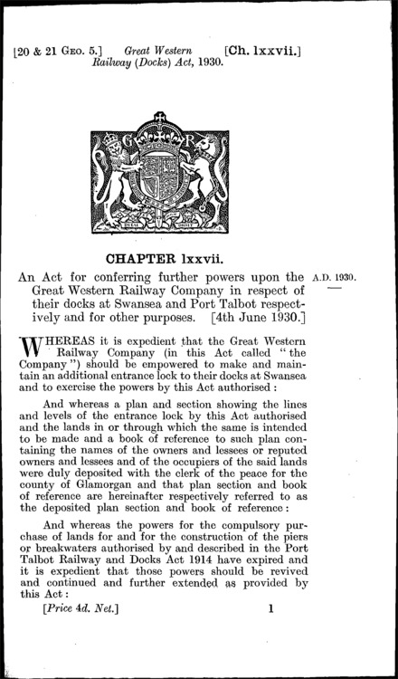 Great Western Railway (Docks) Act 1930