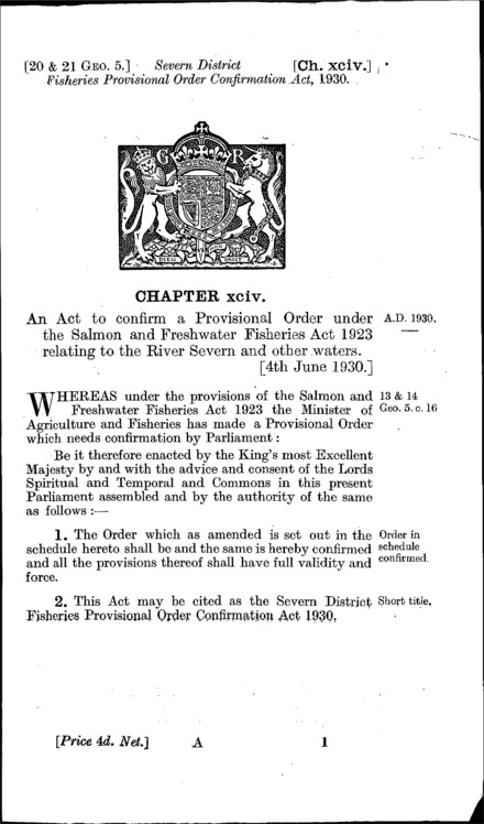 Severn District Fisheries Provisional Order Confirmation Act 1930