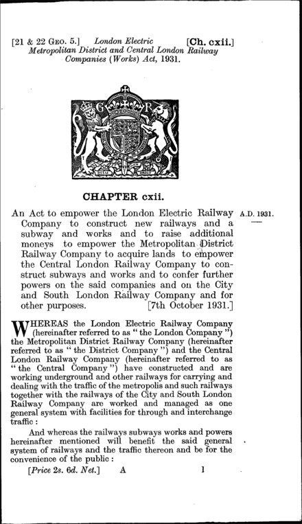 London Electric, Metropolitan District and Central London Railway Companies (Works) Act 1931
