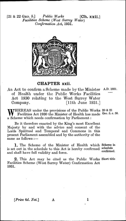 Public Works Facilities Scheme (West Surrey Water) Confirmation Act 1931