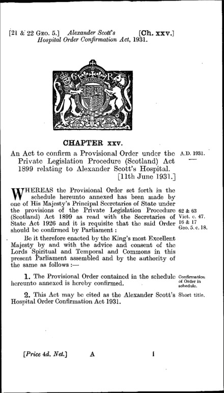 Alexander Scott's Hospital Order Confirmation Act 1931