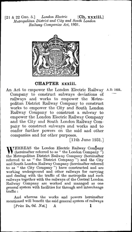London Electric, Metropolitan District and City and South London Railway Companies Act 1931