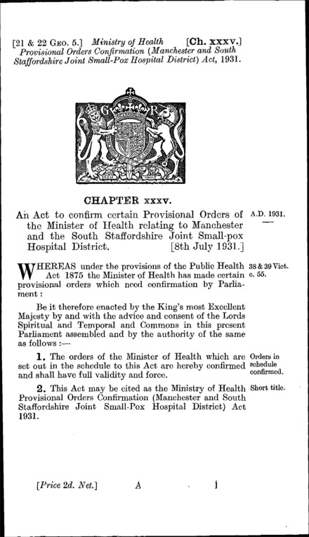 Ministry of Health Provisional Orders Confirmation (Manchester and South Staffordshire Joint Smallpox Hospital District) Act 1931