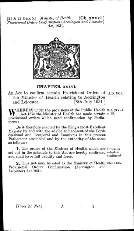 Ministry of Health Provisional Orders Confirmation (Accrington and Leicester) Act 1931