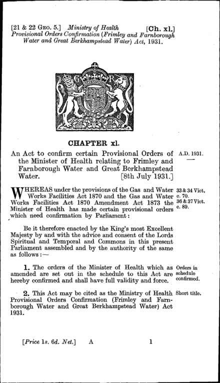 Ministry of Health Provisional Orders Confirmation (Frimley and Farnborough Water and Great Berkhamstead Water) Act 1931