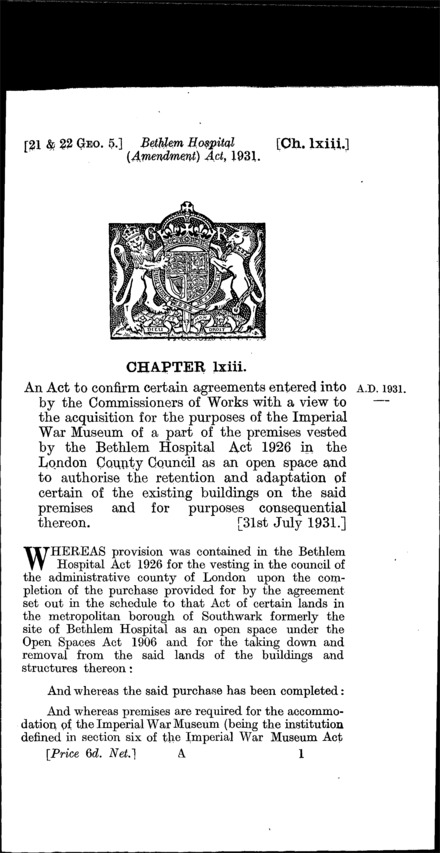 Bethlem Hospital (Amendment) Act 1931
