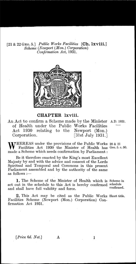 Public Works Facilities Scheme (Newport (Monmouthshire) Corporation) Confirmation Act 1931