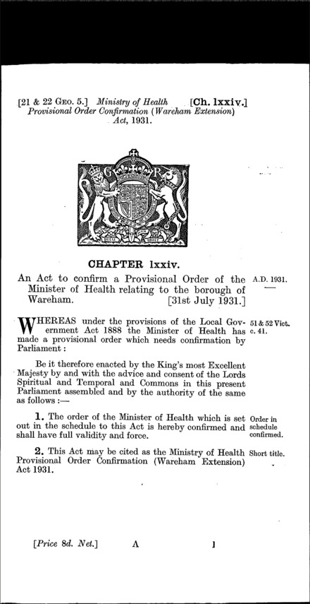 Ministry of Health Provisional Order Confirmation (Wareham Extension) Act 1931
