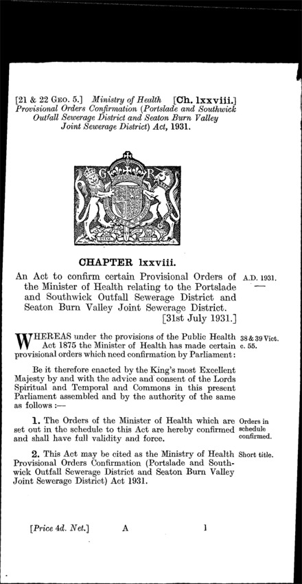Ministry of Health Provisional Order Confirmation (Portslade and Southwick Outfall Sewerage District and Seaton Burn Valley Joint Sewerage District) Act 1931