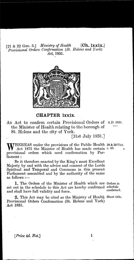 Ministry of Health Provisional Orders Confirmation (St. Helens and York) Act 1931