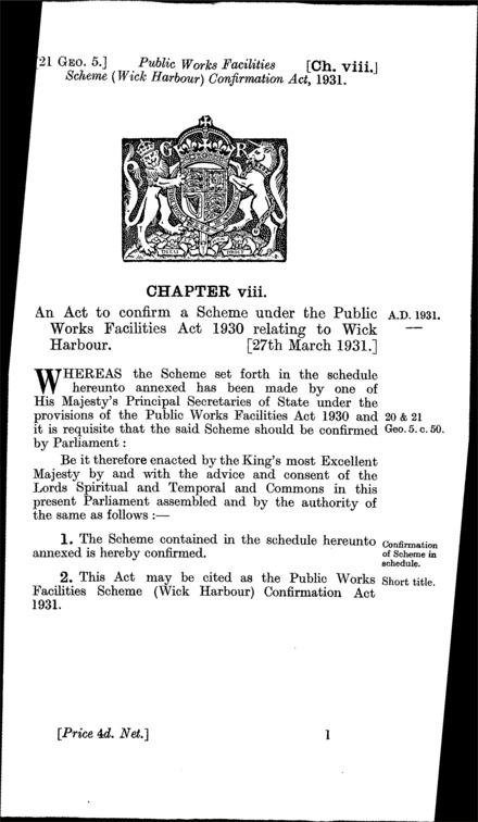 Public Works Facilities Scheme (Wick Harbour) Confirmation Act 1931