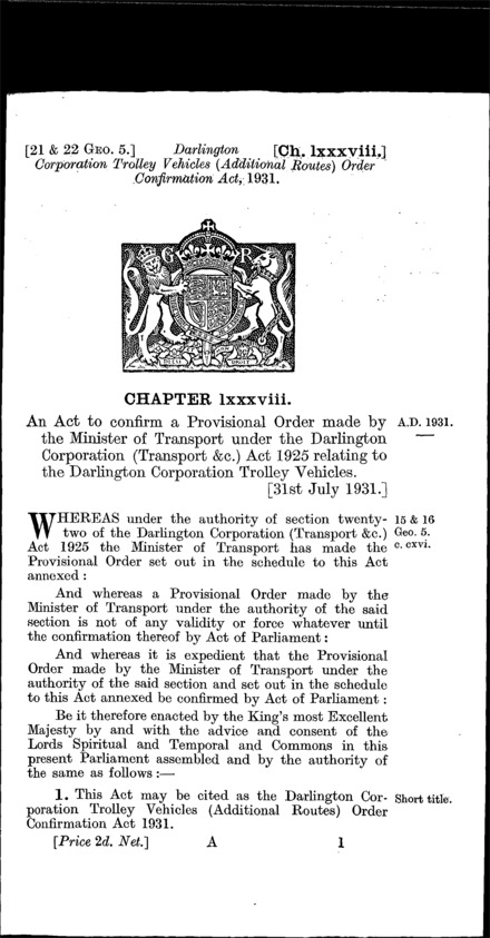Darlington Corporation Trolley Vehicles (Additional Routes) Order Confirmation Act 1931