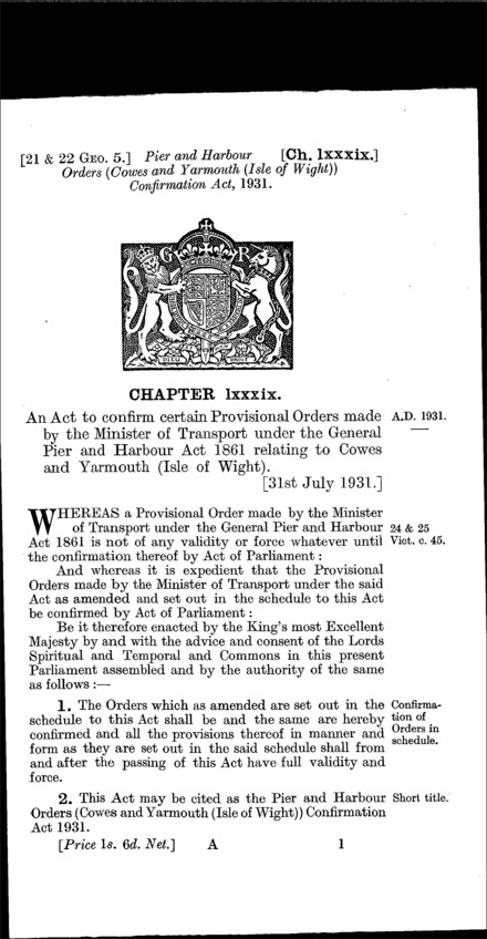 Pier and Harbour Orders (Cowes and Yarmouth (Isle of Wight)) Confirmation Act 1931
