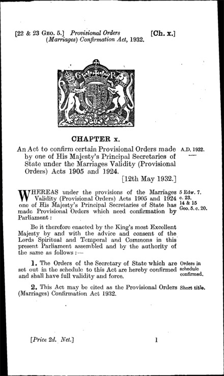 Provisional Orders (Marriages) Confirmation Act 1932