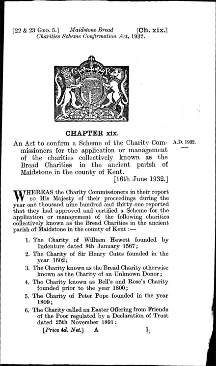 Maidstone Bread Charities Scheme Confirmation Act 1932