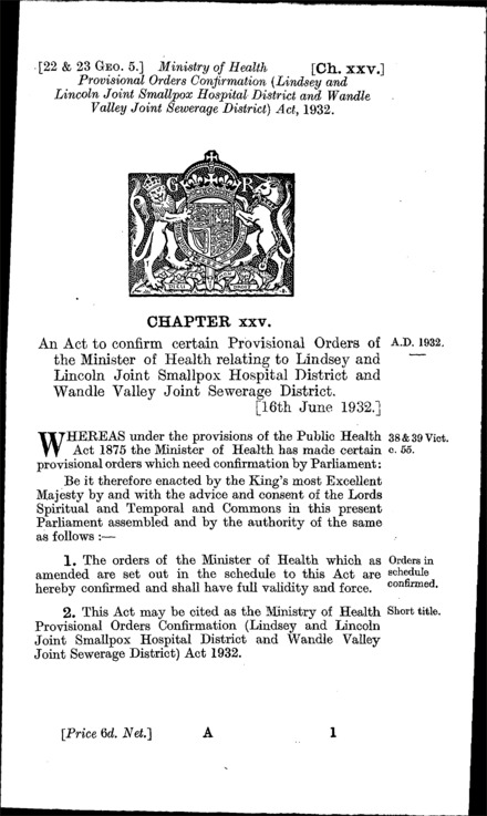 Ministry of Health Provisional Orders Confirmation (Lindsey and Lincoln Joint Smallpox Hospital and Wandle Valley Joint Sewerage District) Act 1932