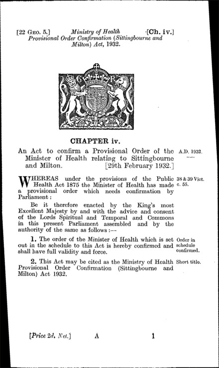 Ministry of Health Provisional Order Confirmation (Sittingbourne and Milton) Act 1932