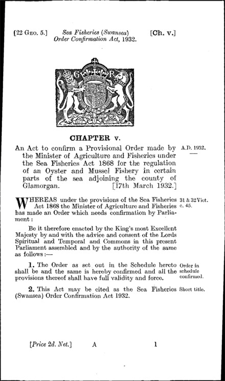 Sea Fisheries (Swansea) Order Confirmation Act 1932