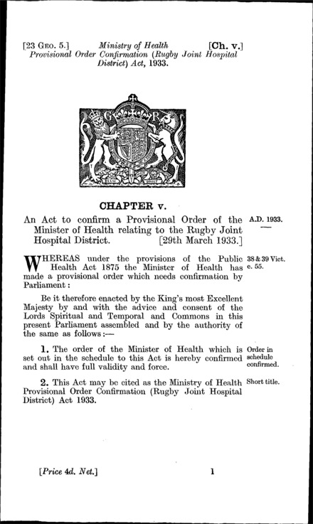 Ministry of Health Provisional Order Confirmation (Rugby Joint Hospital District) Act 1933