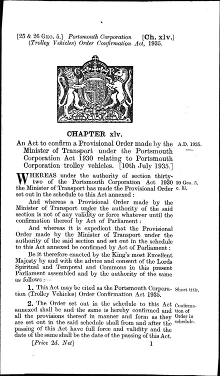 Portsmouth Corporation (Trolley Vehicles) Order Confirmation Act 1935