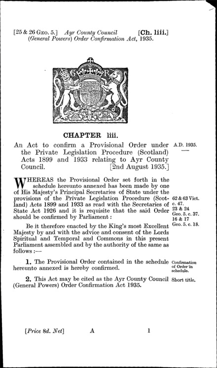 Ayr County Council (General Powers) Order Confirmation Act 1935
