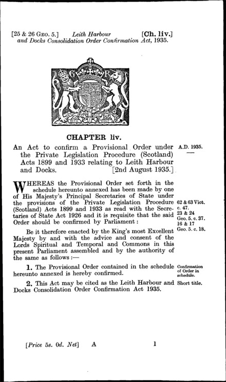 Leith Harbour and Docks Consolidation Order Confirmation Act 1935